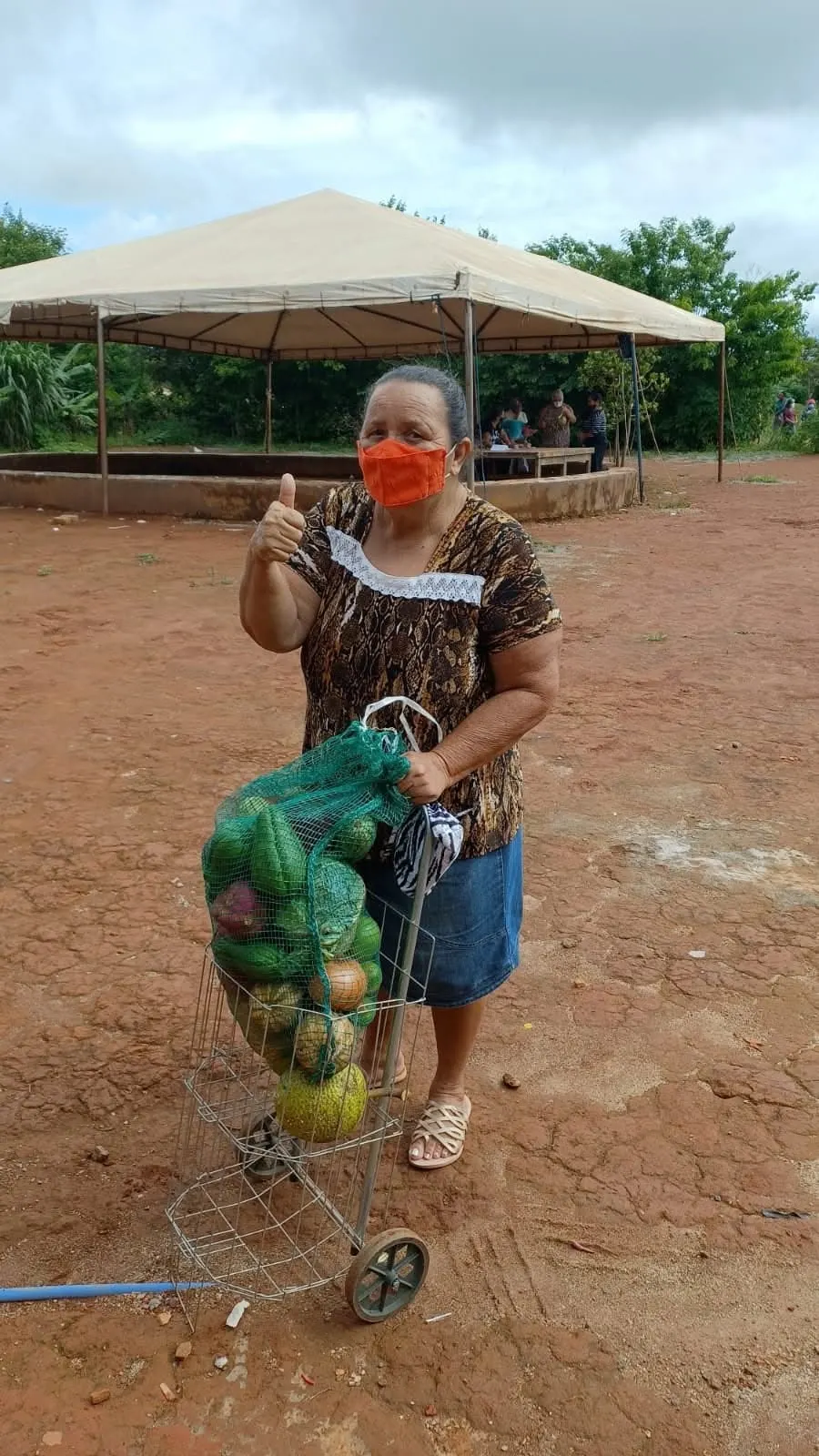 Senhora de máscara laranja faz sinal de positivo ao lado de um carrinho com uma sacola de legumes.